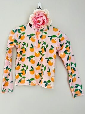 Ruffle Butts Pink Long Sleeve Rashguard with Orange Fruit Print 10